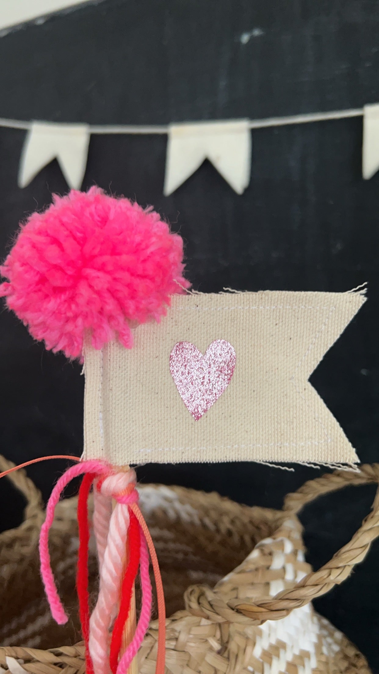 Pink Glitter Heart Valentine Wand / Flag Cake Topper