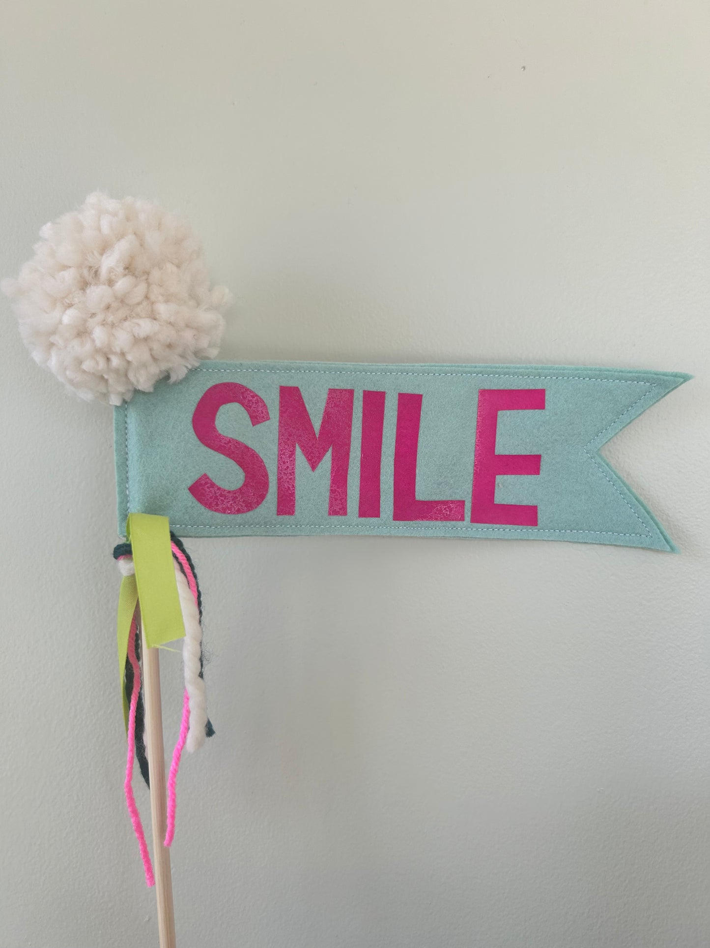 SMILE Pennant Flag Wand in Teal and Hot Pink