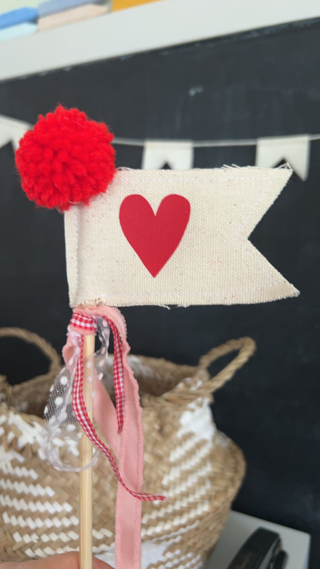 Red Heart Valentines Day Wand- Cake Topper Flag