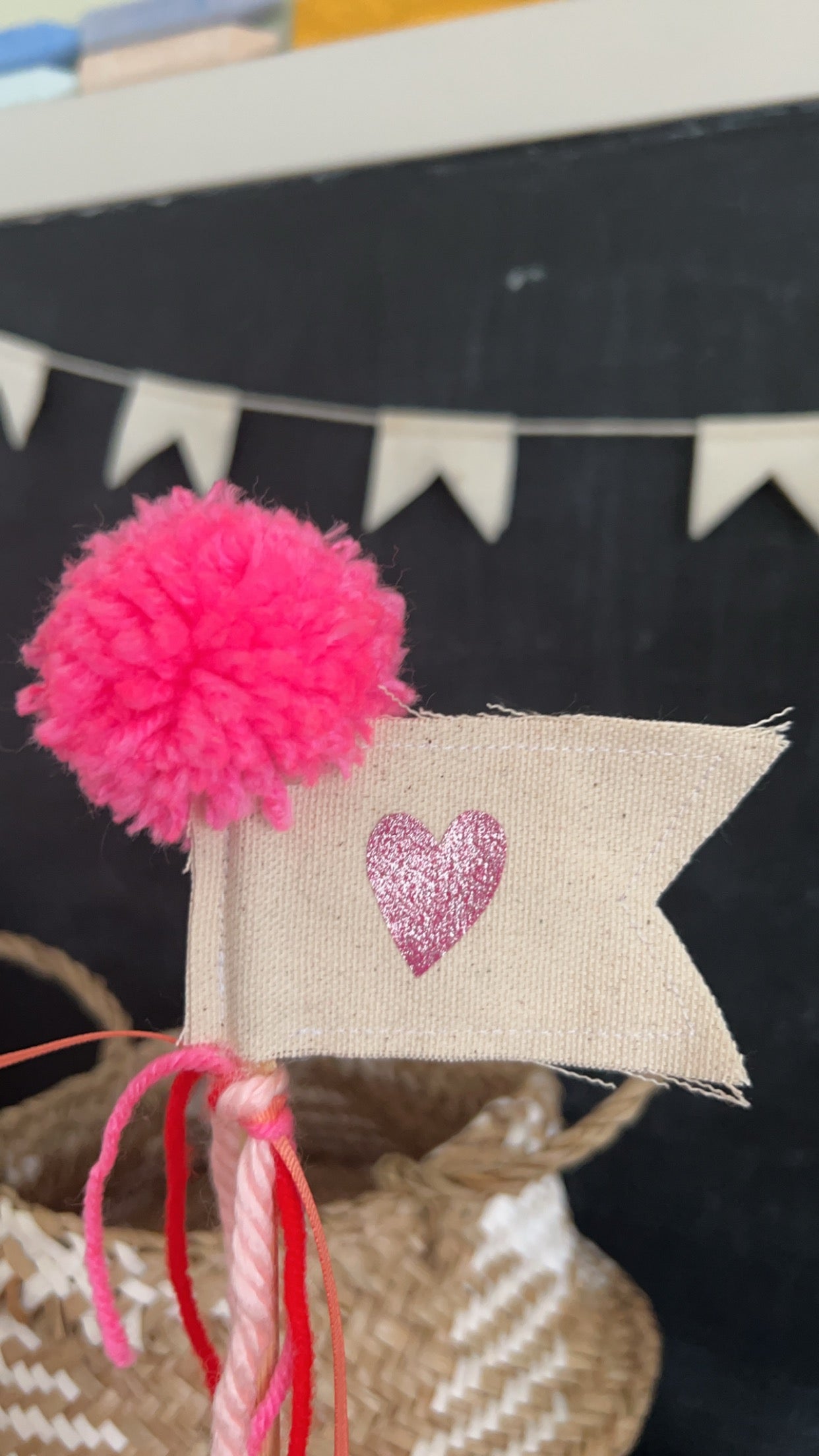 Pink Glitter Heart Valentine Wand / Flag Cake Topper