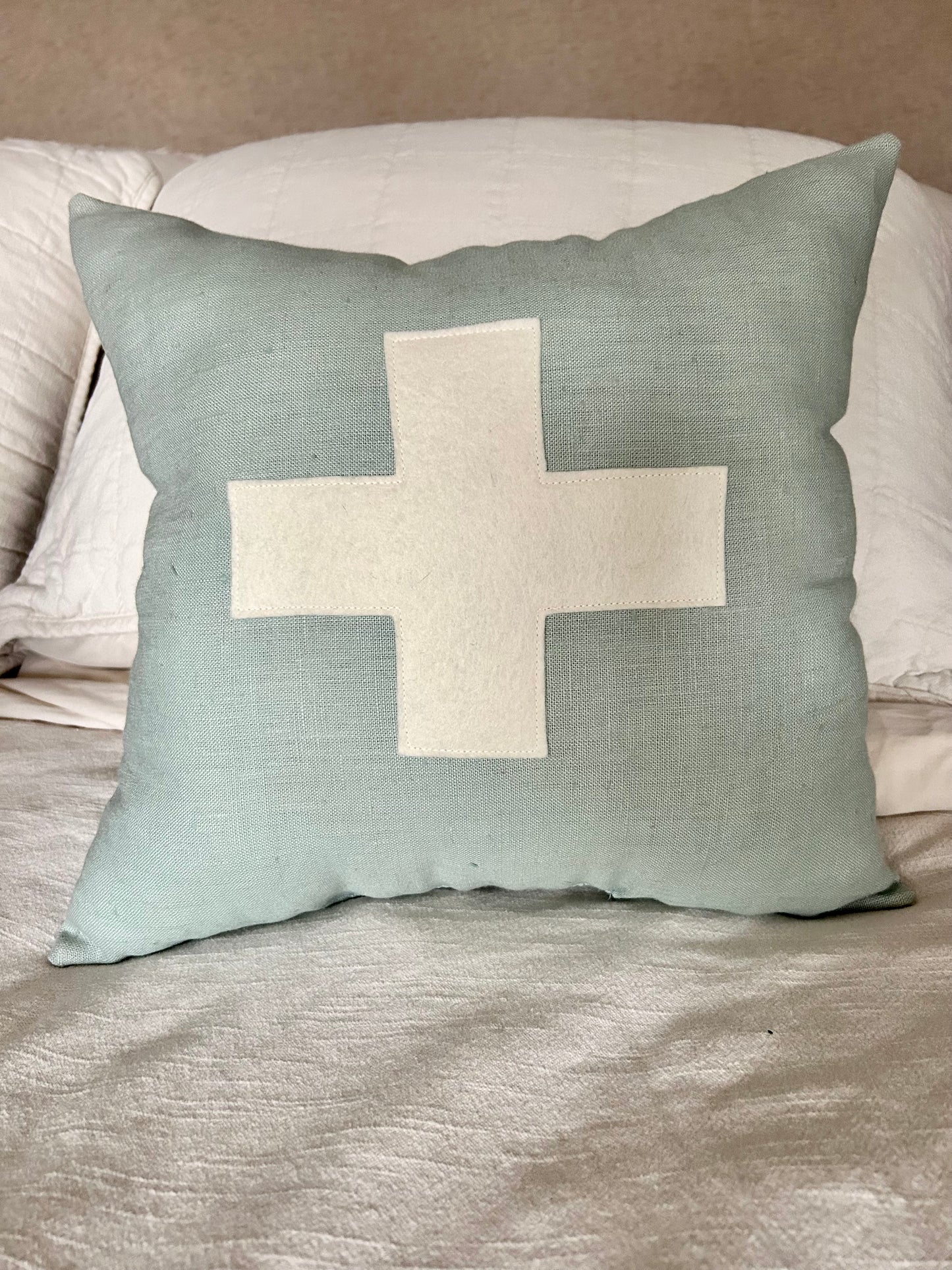 Aqua Blue and Cream Swiss Cross Pillow