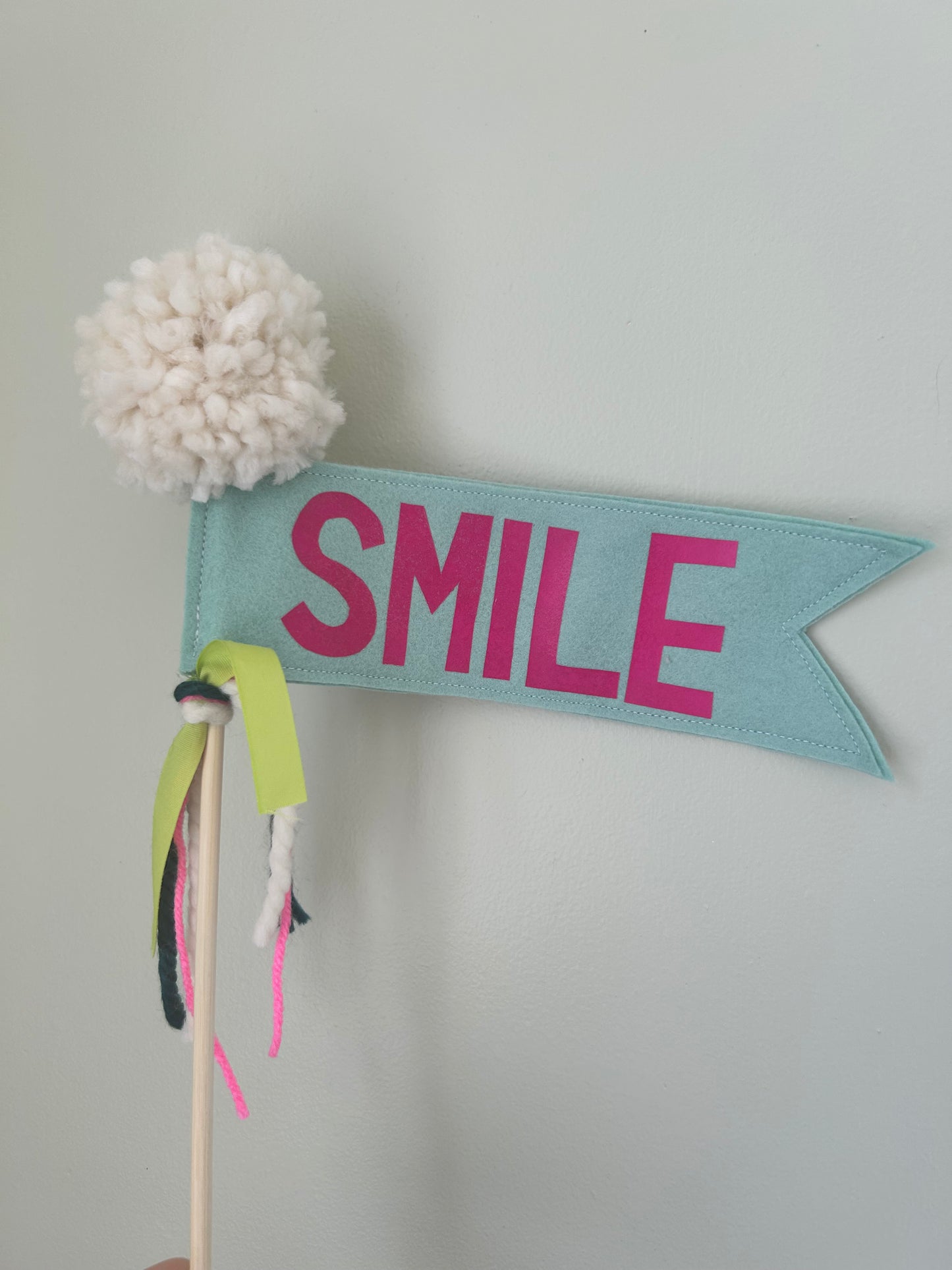 SMILE Pennant Flag Wand in Teal and Hot Pink