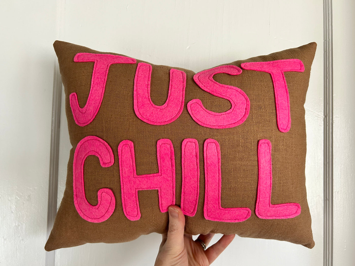 JUST CHILL Pillow in Chocolate Brown and Hot Pink