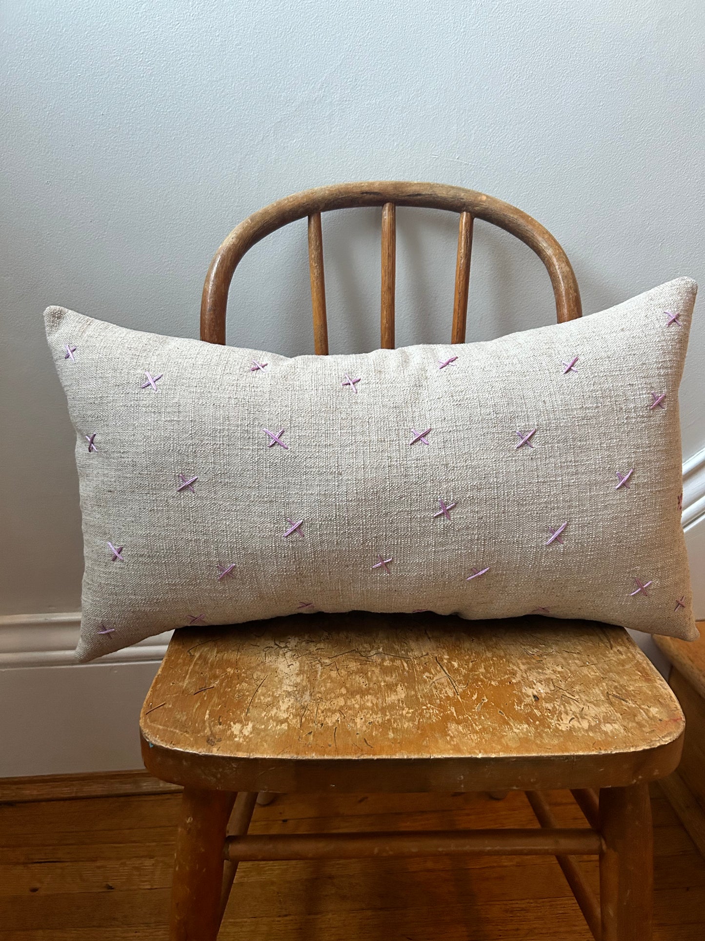 Lavender Swiss Cross “X” Pillow on Linen