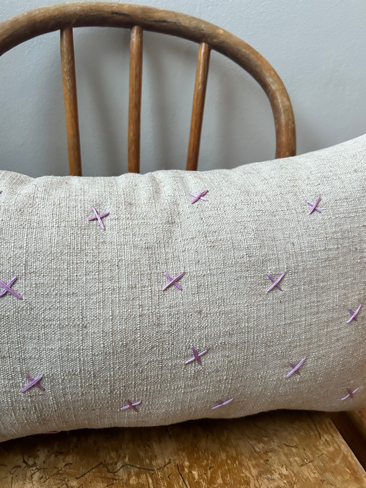 Lavender Swiss Cross “X” Pillow on Linen