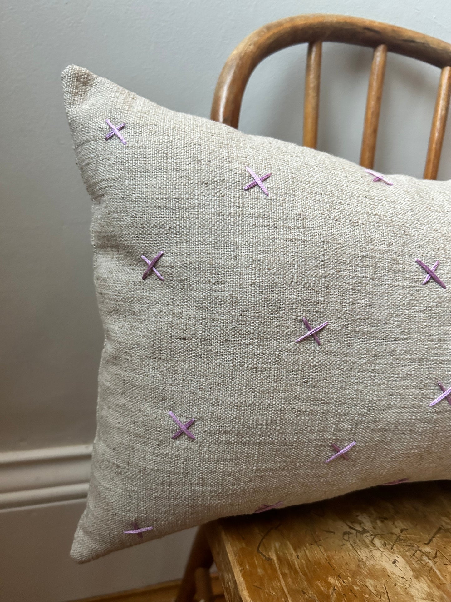 Lavender Swiss Cross “X” Pillow on Linen