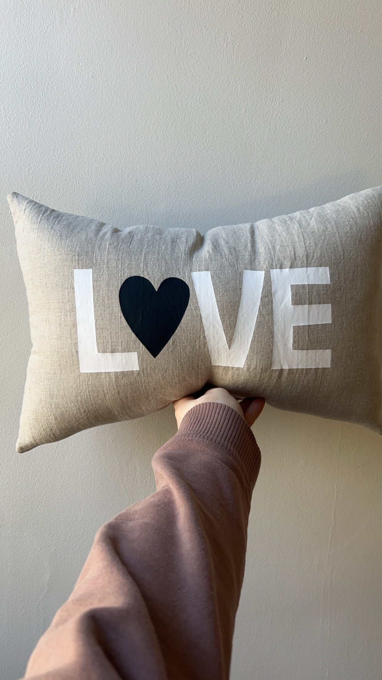 Black Heart Love Pillow on Oatmeal Linen