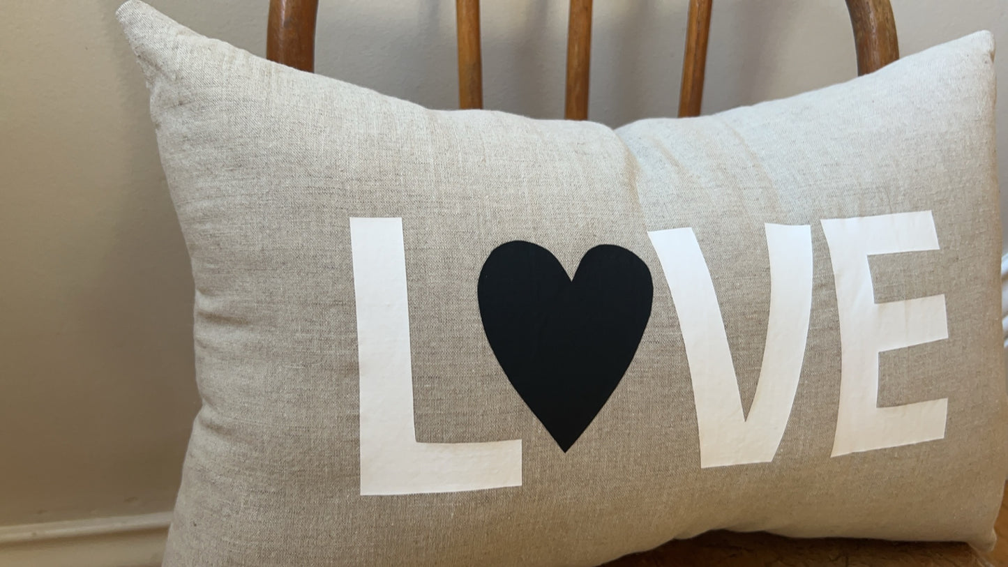 Black Heart Love Pillow on Oatmeal Linen