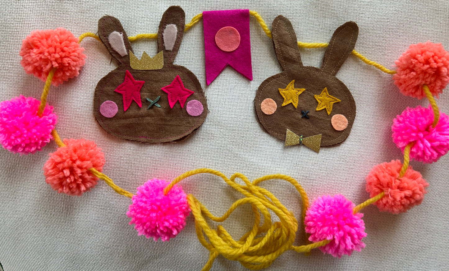 Chocolate Easter Bunny Banner in Linen and Felt with pink Pom Poms