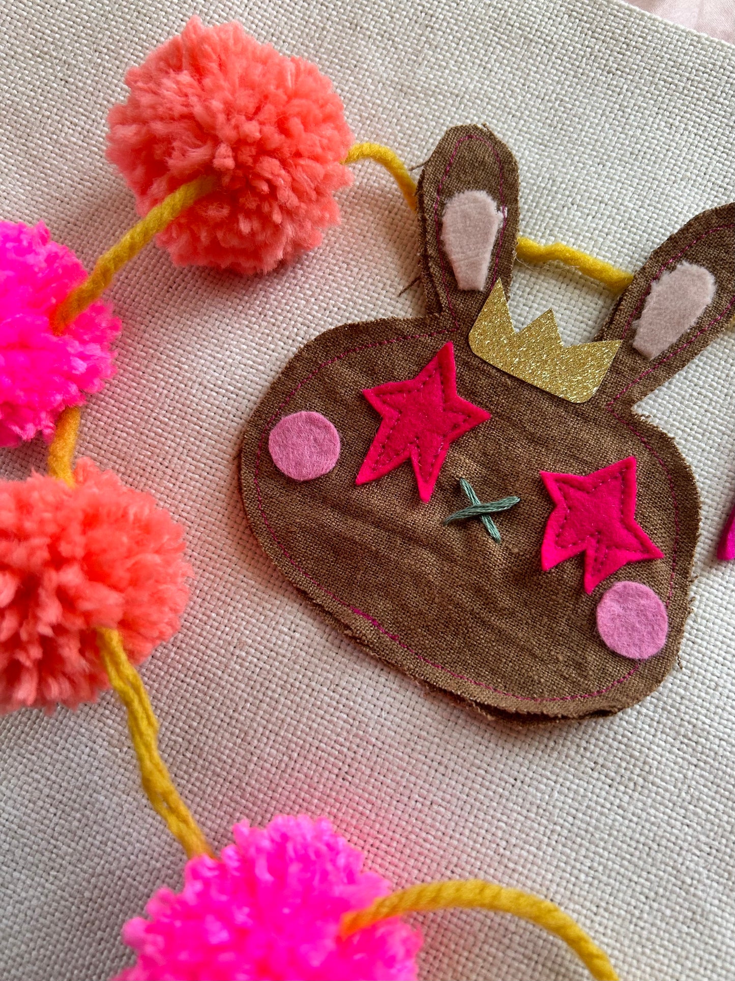 Chocolate Easter Bunny Banner in Linen and Felt with pink Pom Poms