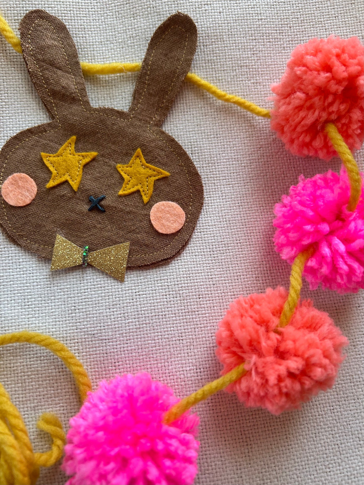 Chocolate Easter Bunny Banner in Linen and Felt with pink Pom Poms